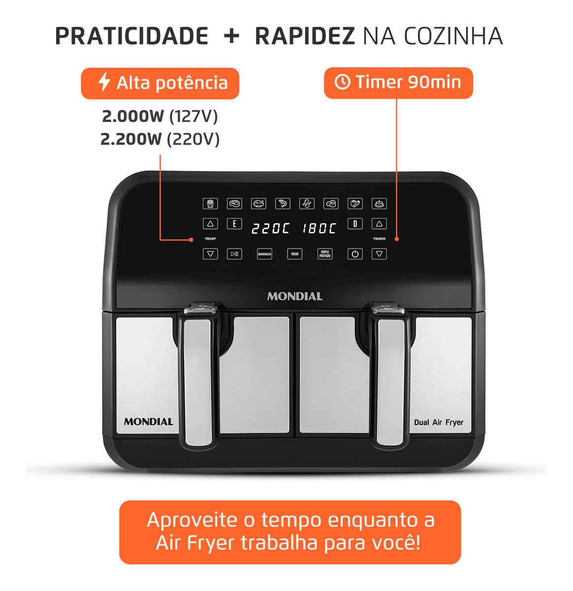 Fritadeira Dual Duplo Cesto 8L Preto/Inox 2000W AFD-01-BI